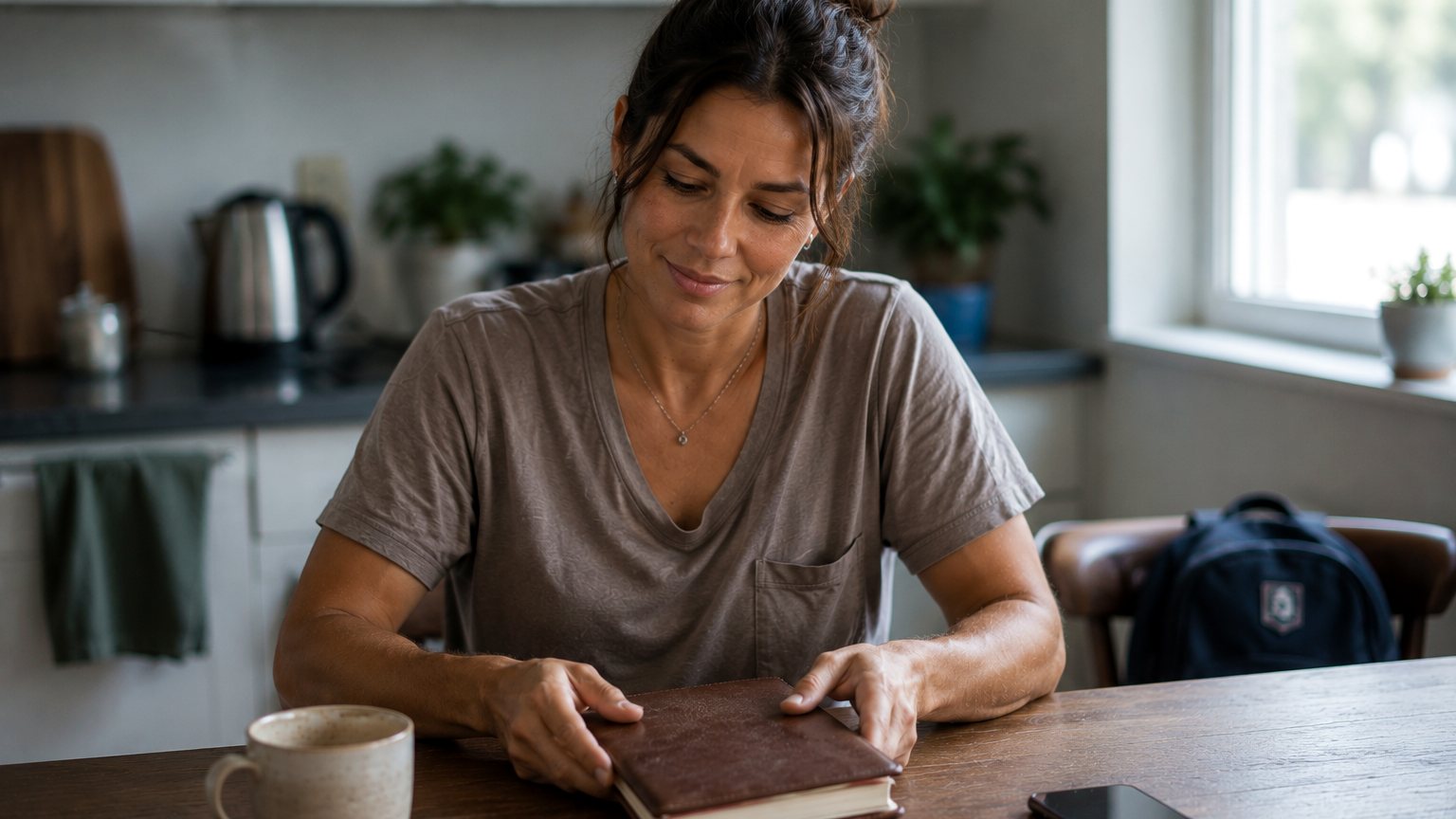 Mujer sentada a la mesa de la cocina escribiendo en una libreta
