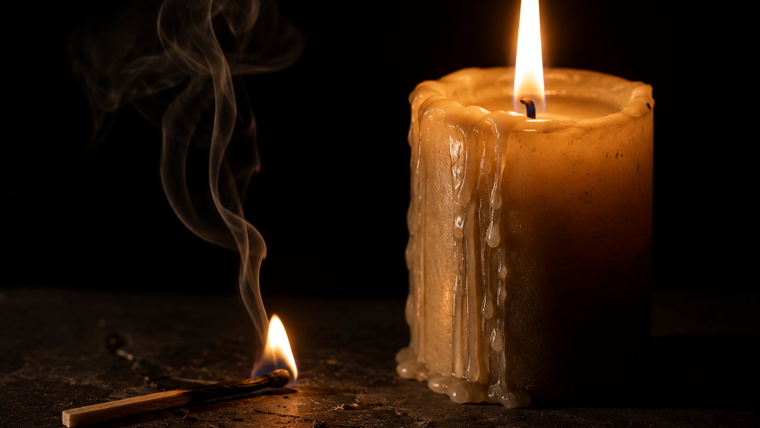 Fósforo consumido humeando junto a una vela encendida