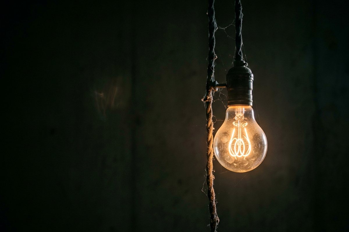 Bombilla antigua encendida colgando de un cable en una pared oscura